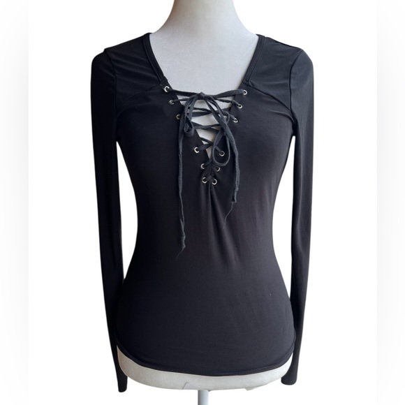 Contempo Casuals Tops - VTG CONTEMPO CASUALS Y2K Lace Up Long Sleeved Black 2000s Top Whimsigoth Stretch